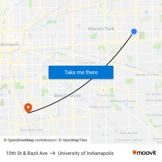 10th St & Bazil Ave to University of Indianapolis map