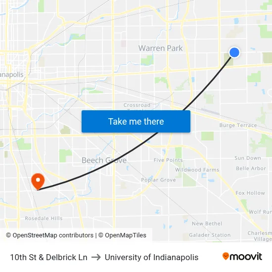 10th St & Delbrick Ln to University of Indianapolis map