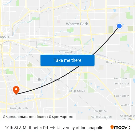 10th St & Mitthoefer Rd to University of Indianapolis map