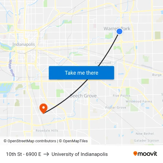 10th St - 6900 E to University of Indianapolis map