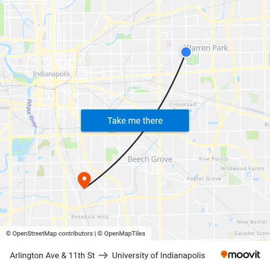 Arlington Ave & 11th St to University of Indianapolis map