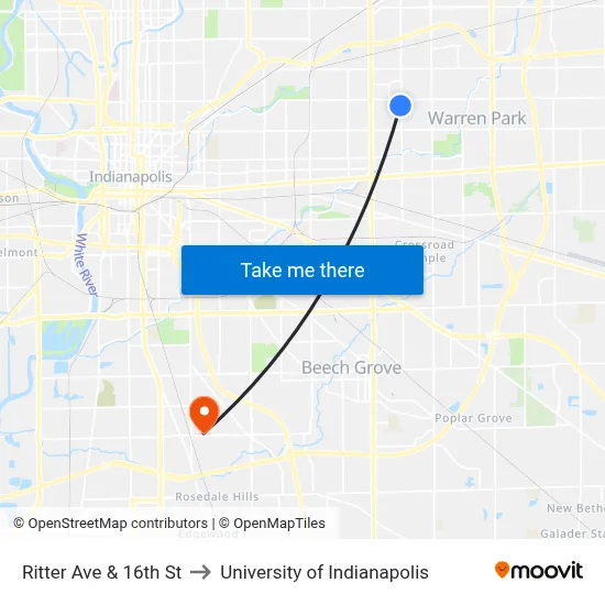 Ritter Ave & 16th St to University of Indianapolis map