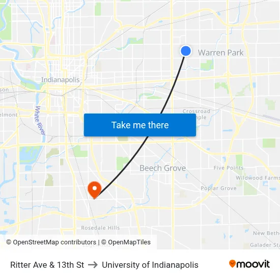 Ritter Ave & 13th St to University of Indianapolis map