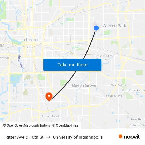 Ritter Ave & 10th St to University of Indianapolis map