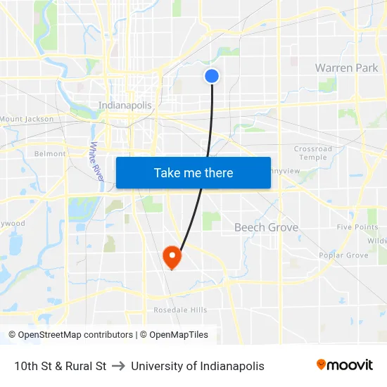 10th St & Rural St to University of Indianapolis map