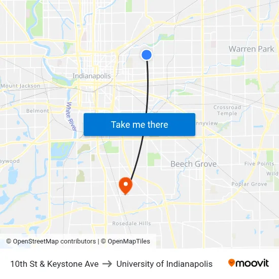 10th St & Keystone Ave to University of Indianapolis map