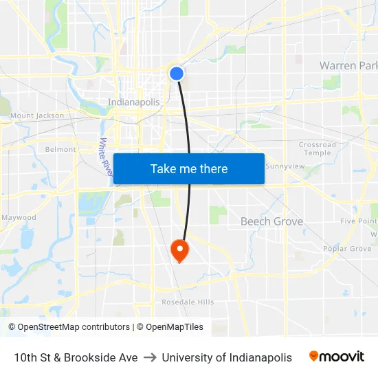 10th St & Brookside Ave to University of Indianapolis map