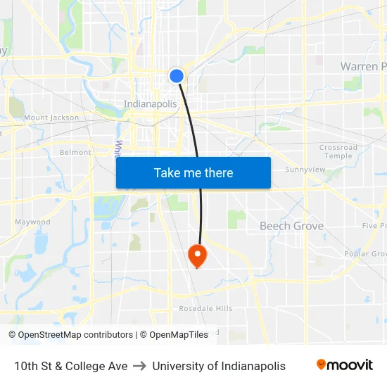 10th St & College Ave to University of Indianapolis map