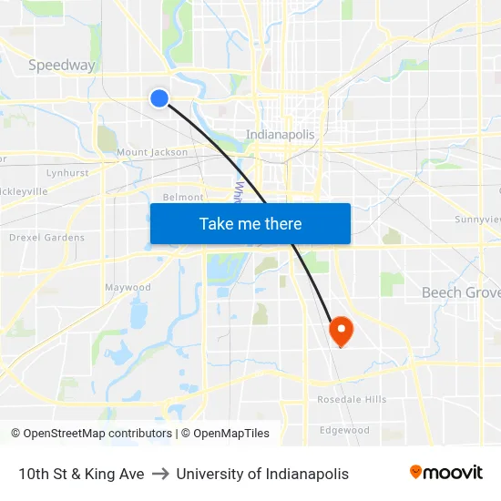 10th St & King Ave to University of Indianapolis map