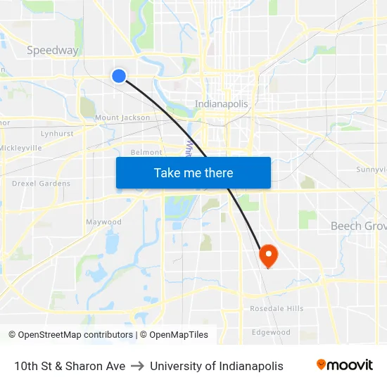 10th St & Sharon Ave to University of Indianapolis map