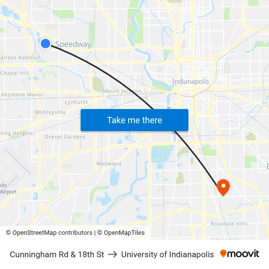Cunningham Rd & 18th St to University of Indianapolis map