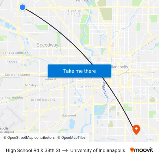 High School Rd & 38th St to University of Indianapolis map