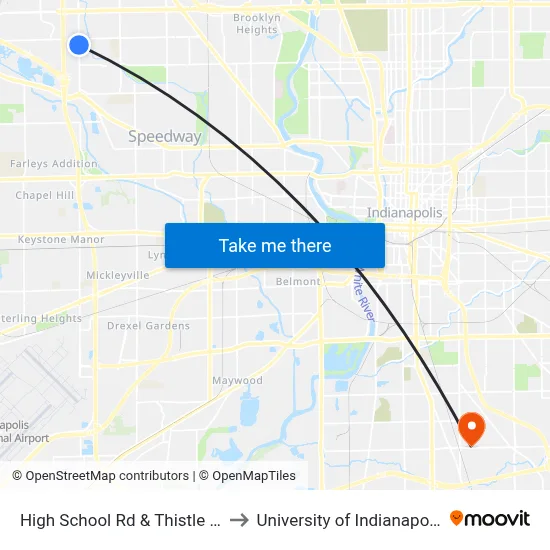 High School Rd & Thistle Dr to University of Indianapolis map