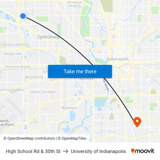 High School Rd & 30th St to University of Indianapolis map
