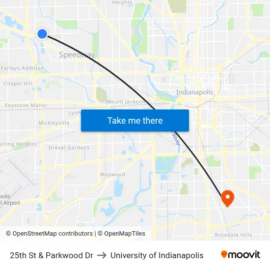 25th St & Parkwood Dr to University of Indianapolis map
