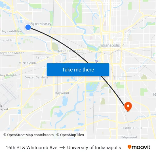 16th St & Whitcomb Ave to University of Indianapolis map