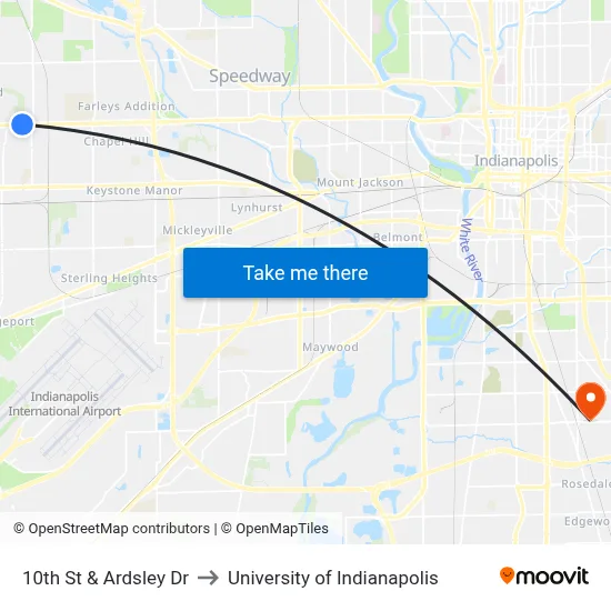 10th St & Ardsley Dr to University of Indianapolis map