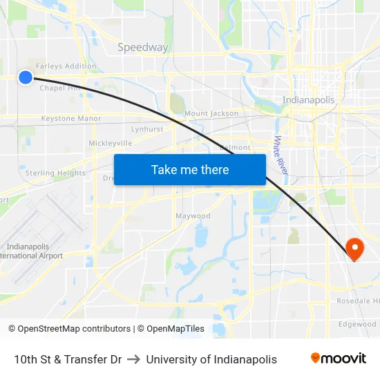 10th St & Transfer Dr to University of Indianapolis map