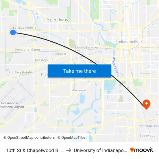 10th St & Chapelwood Blvd to University of Indianapolis map