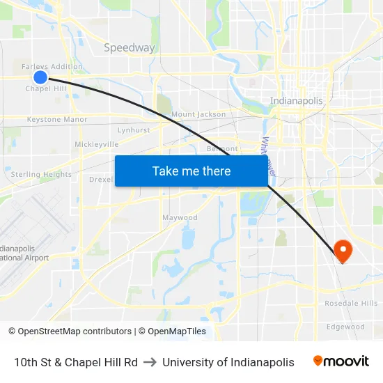 10th St & Chapel Hill Rd to University of Indianapolis map