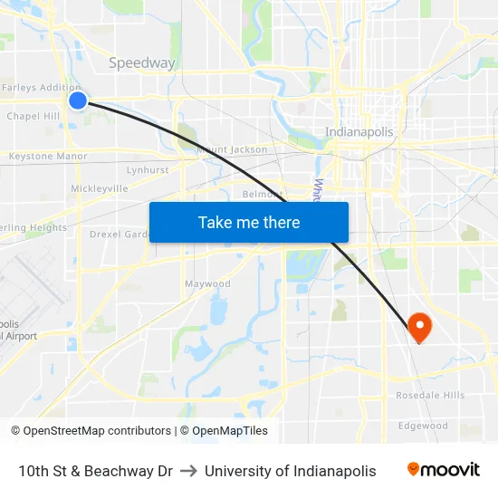 10th St & Beachway Dr to University of Indianapolis map