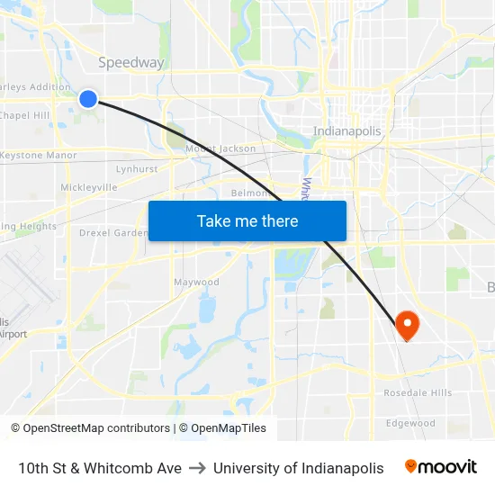 10th St & Whitcomb Ave to University of Indianapolis map