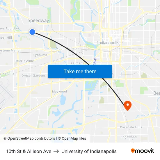 10th St & Allison Ave to University of Indianapolis map