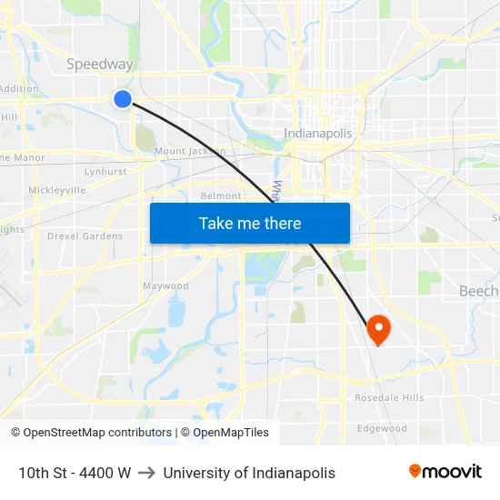 10th St - 4400 W to University of Indianapolis map