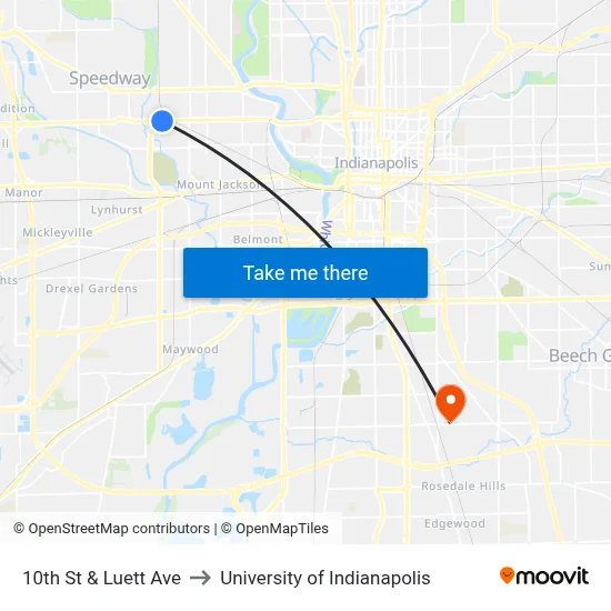10th St & Luett Ave to University of Indianapolis map