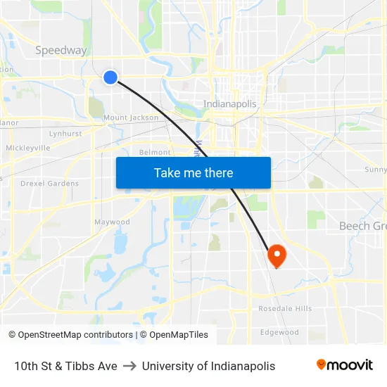 10th St & Tibbs Ave to University of Indianapolis map