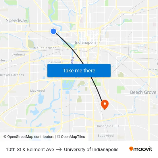 10th St & Belmont Ave to University of Indianapolis map