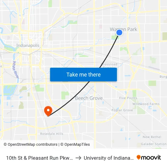10th St & Pleasant Run Pkwy S Dr to University of Indianapolis map