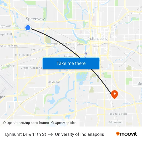 Lynhurst Dr & 11th St to University of Indianapolis map