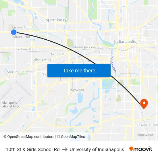 10th St & Girls School Rd to University of Indianapolis map