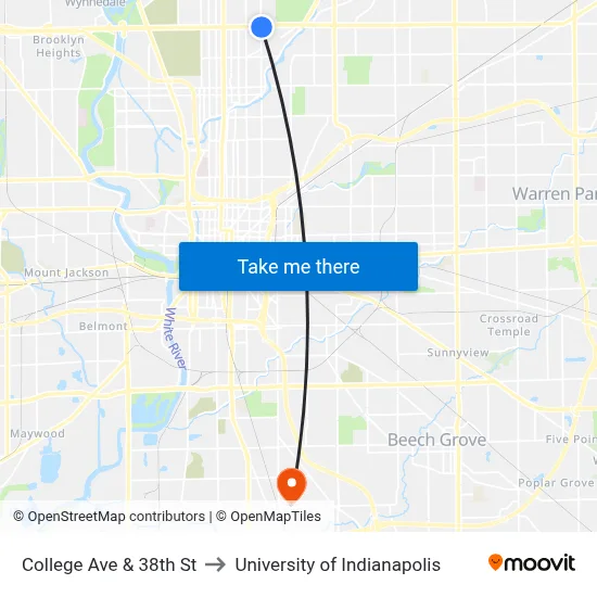 College Ave & 38th St to University of Indianapolis map