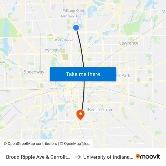 Broad Ripple Ave & Carrollton Ave to University of Indianapolis map