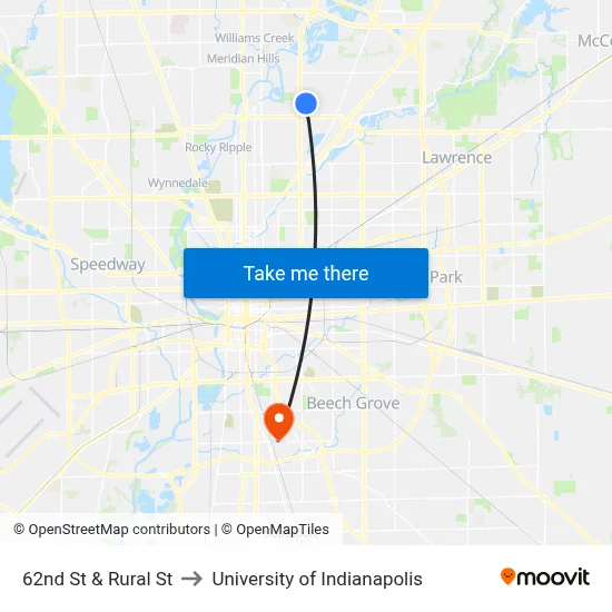 62nd St & Rural St to University of Indianapolis map