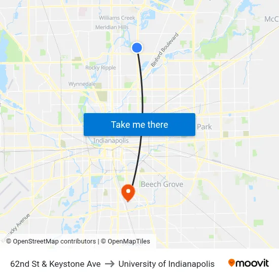 62nd St & Keystone Ave to University of Indianapolis map