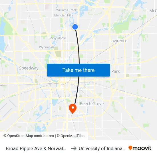 Broad Ripple Ave & Norwaldo Ave to University of Indianapolis map