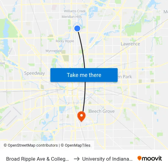 Broad Ripple Ave & College Ave to University of Indianapolis map