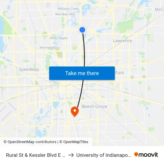 Rural St & Kessler Blvd E Dr to University of Indianapolis map