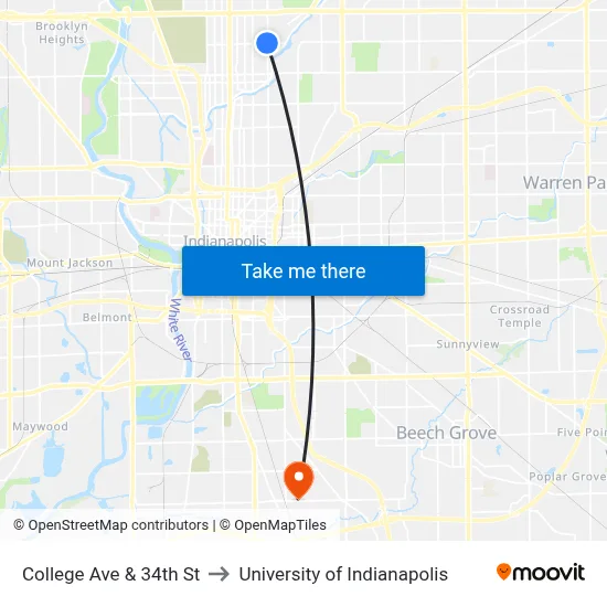 College Ave & 34th St to University of Indianapolis map