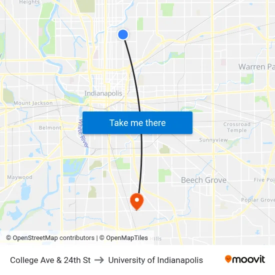 College Ave & 24th St to University of Indianapolis map