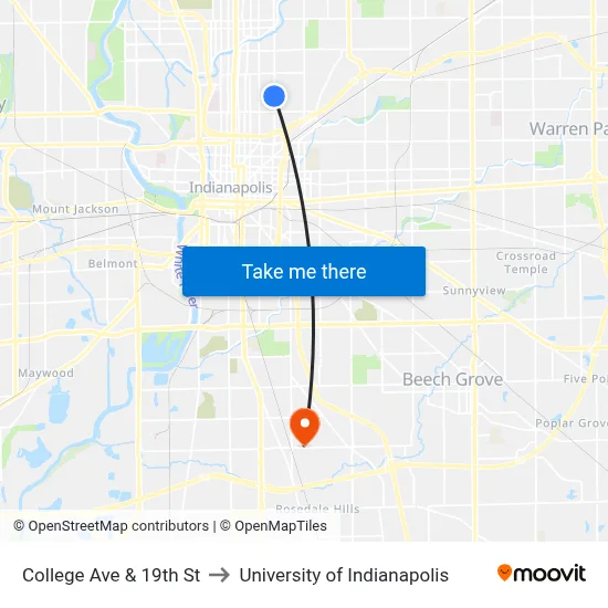 College Ave & 19th St to University of Indianapolis map