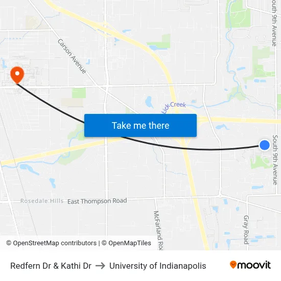 Redfern Dr & Kathi Dr to University of Indianapolis map