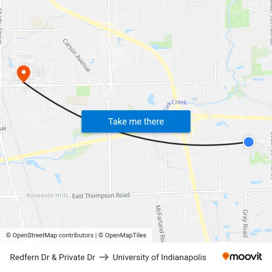 Redfern Dr & Private Dr to University of Indianapolis map