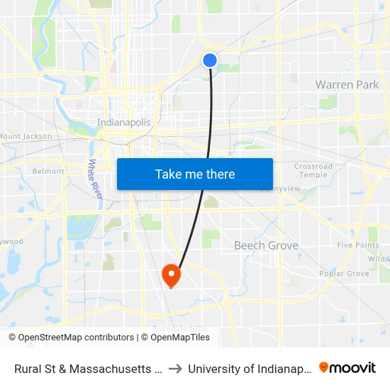 Rural St & Massachusetts Ave to University of Indianapolis map