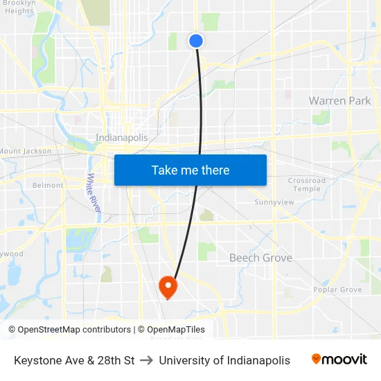 Keystone Ave & 28th St to University of Indianapolis map