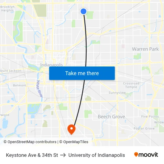 Keystone Ave & 34th St to University of Indianapolis map