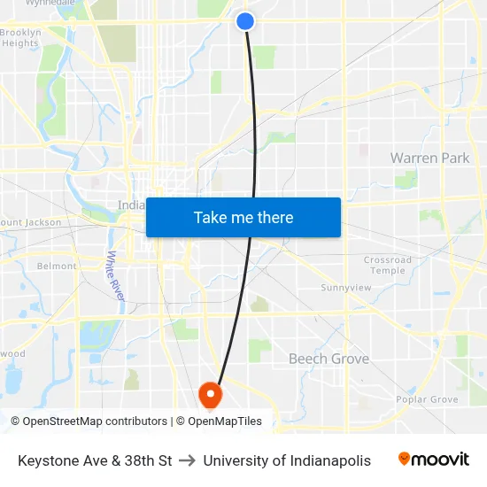 Keystone Ave & 38th St to University of Indianapolis map